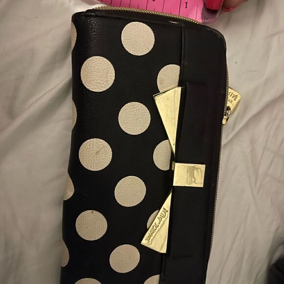 Vintage betsey johnson polka dot gold bow b & w zip around accordion wallet - Picture 2 of 8